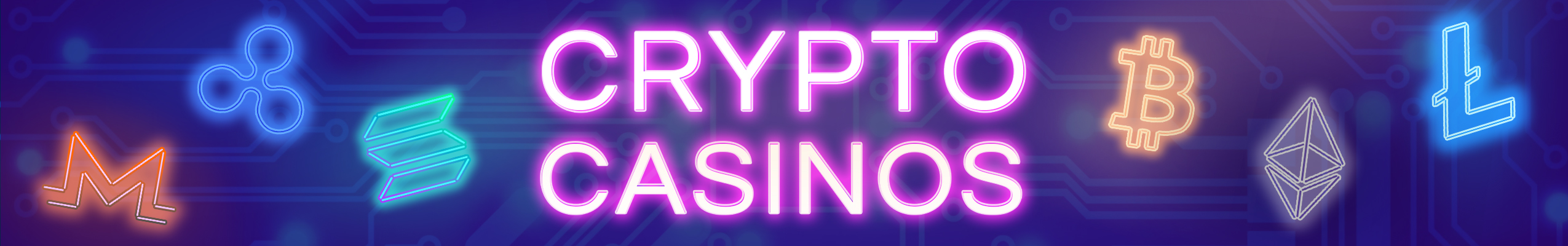 Cypto Casinos Seite Hero Banner mit ripple, monero, solana, ethereum, litecoin und bitcoin neon logos