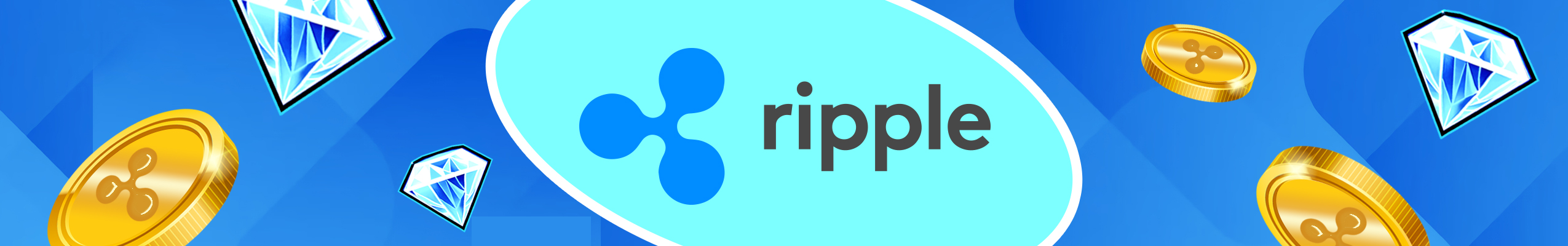 ripple hero banner mit logo, fliegende ripple münzen und diamanten